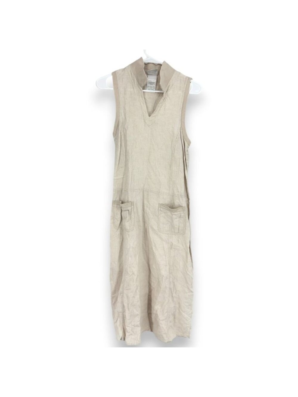 Laura Ashley Women 6 100% Linen Dress Midi Beige Sleeveless Pockets VTG V Neck